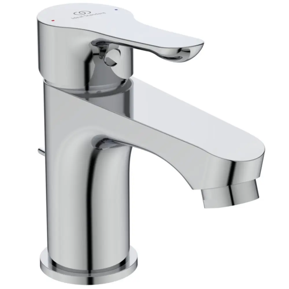 Waschtischarmatur von Ideal Standard mit chromfarbener Oberfläche, geeignet für den Einsatz an einem Waschbecken, ausgestattet mit einem hebelbetätigten Wasserhahn.